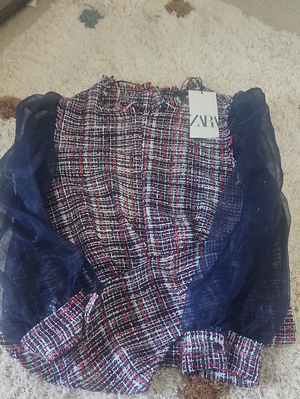 Zara Navy, Red & White Tweed Blouse with Sheer Navy Sleeves